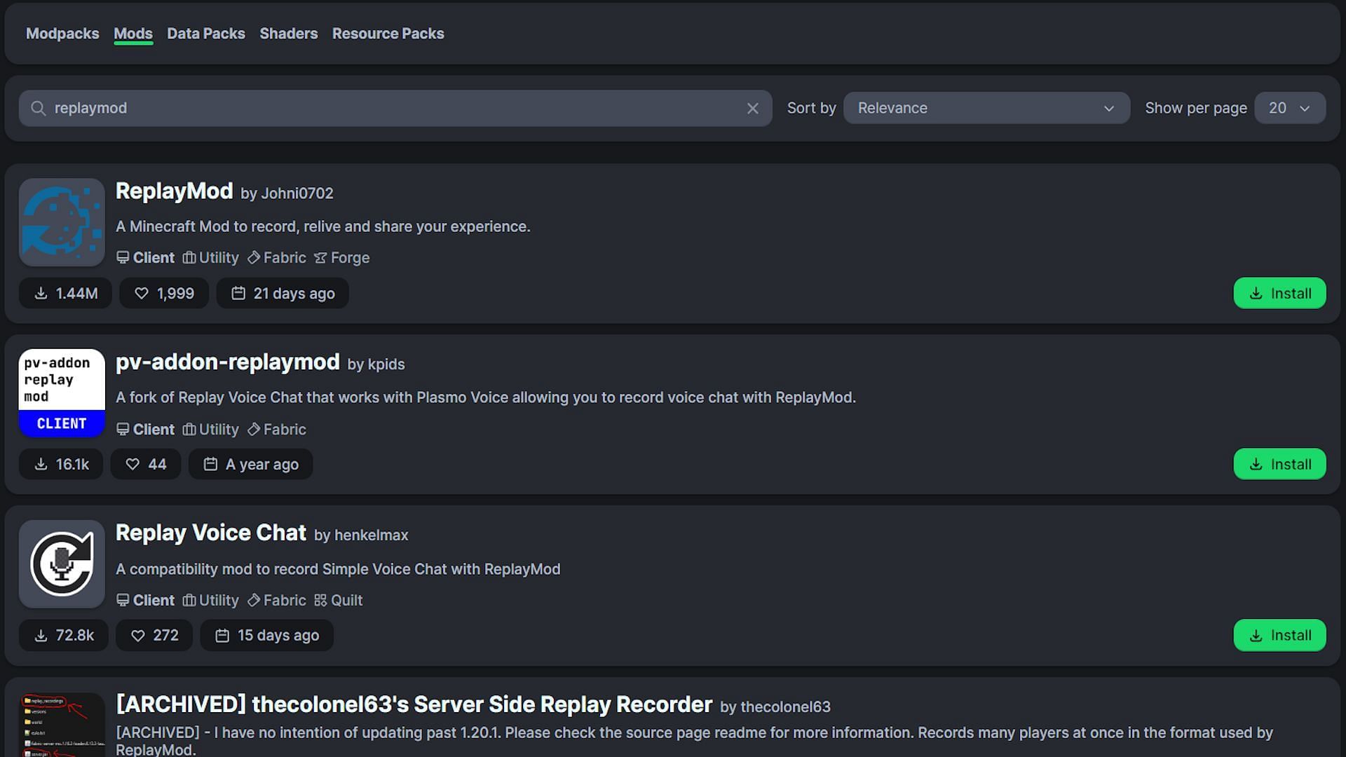 "replaymod" is a better search term on Modrinth (Image via Modrinth)
